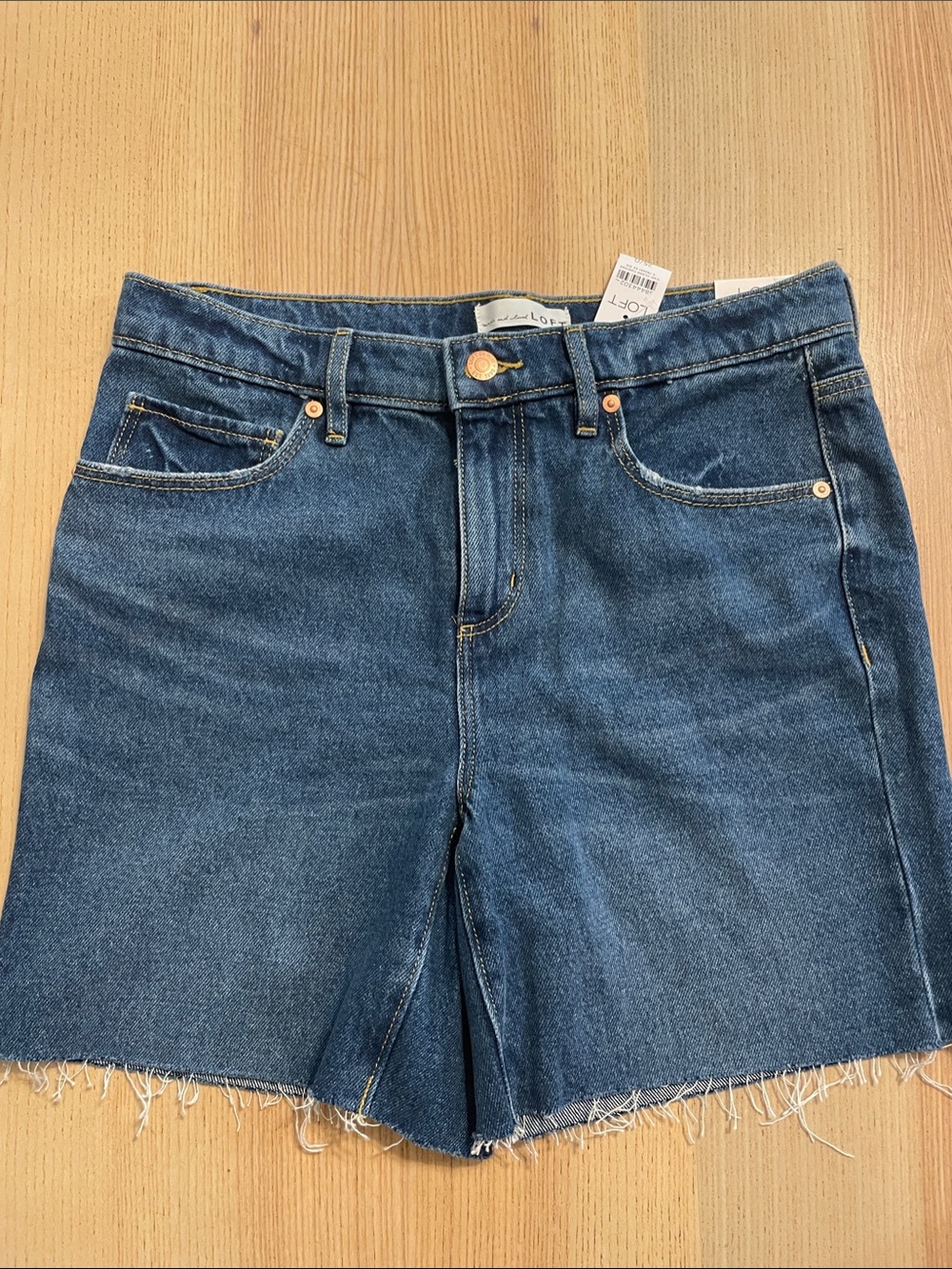 LOFT Midrise Blue Denim Frayed-Hem Shorts